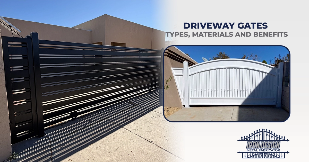 Modern black metal driveway gates and a classic white arched driveway gate installed by Iron Design Metal Fabricator.