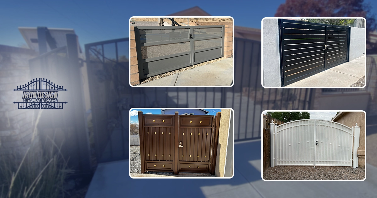 Collage of wrought iron gate designs including grey metal panels, black slatted driveway gates, bronze privacy gates, and arched white entry gates