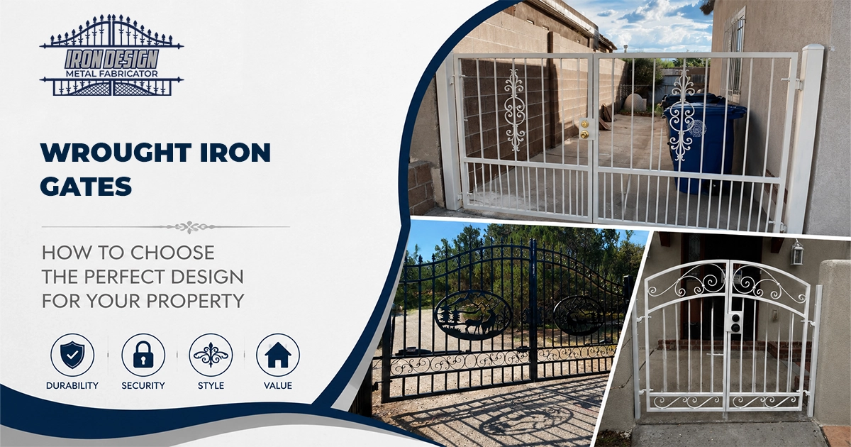 Wrought iron gate guide featuring decorative white and black metal entry gates with text on choosing the right design for durability and security