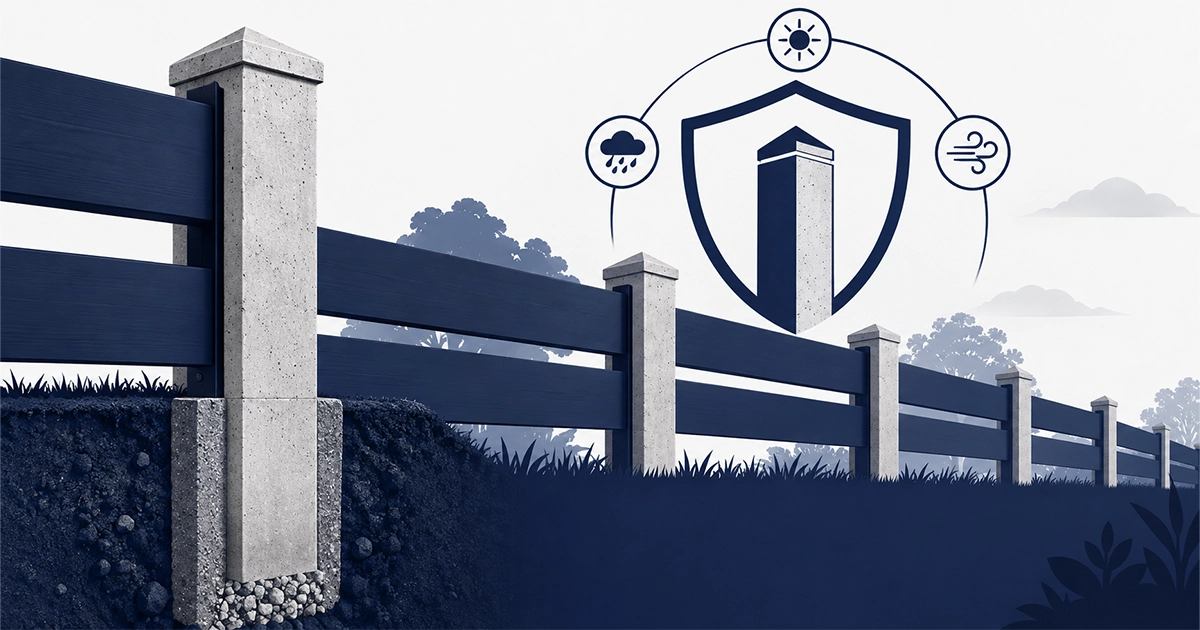 Durable concrete fence post installed in ground with weather resistance protection