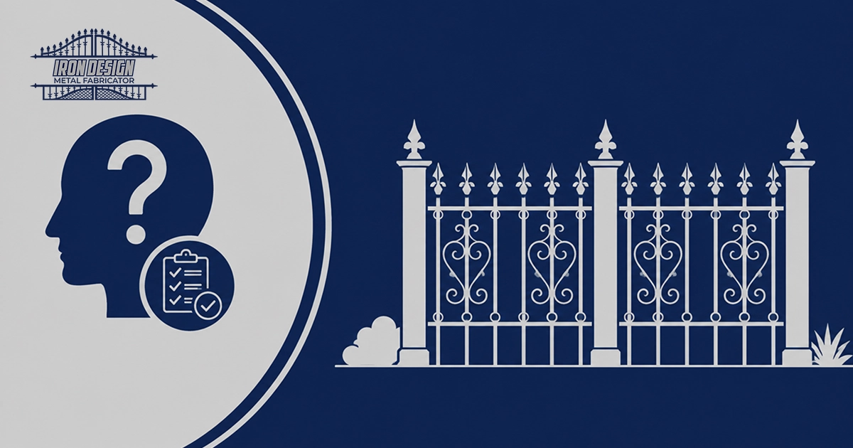 Wrought iron fence checklist icon and decorative spear-top metal fencing graphic.