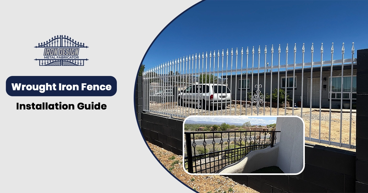 Wrought iron fence installation guide featuring white vertical picket fencing along a residential property wall by Iron Design Metal Fabricator.