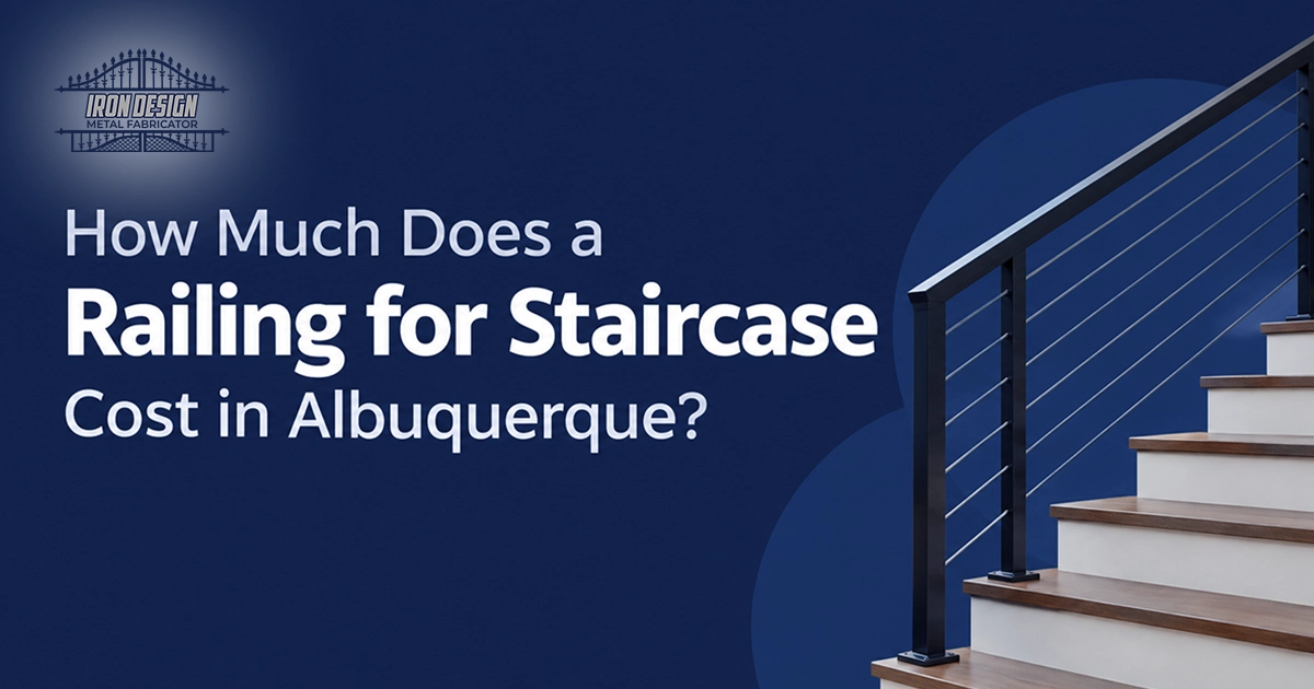 Cost guide graphic for staircase railing installation in Albuquerque featuring modern cable railing
